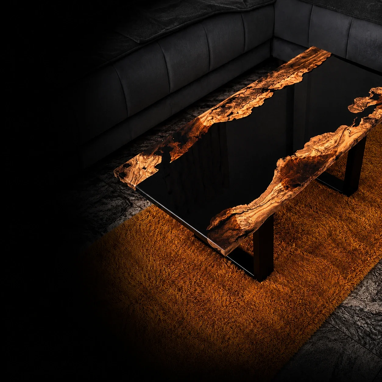 Epoxidtisch schwarz Olivenholz — River Table nach Maß, Ligno Studio Oberösterreich